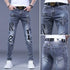 Slim Fit Korean Streetwear Graphical Printed Luxury Hip-Hop Stretch Denim Jeans for Men - Perfect Medium Wash Jeans Outfit